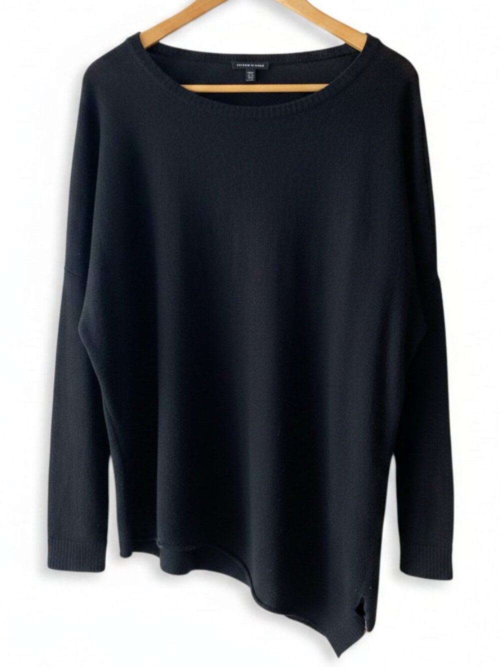 Eileen Fisher Wool Black Sweater Asymmetrical Hem Sz Medium 100% Boxy Batwing